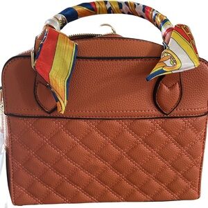 Chic Quilted Brown Satchel with Scarf Detail